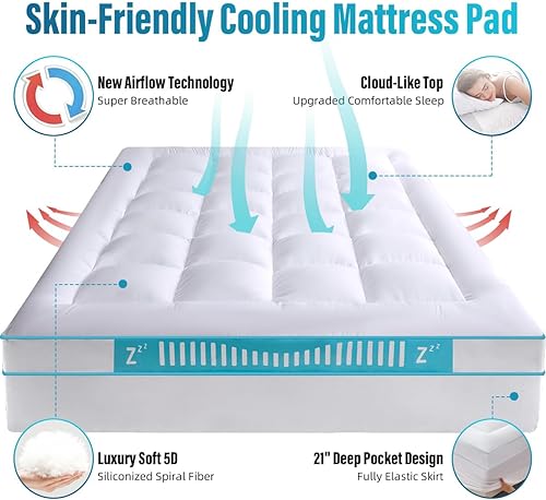 Miniatura 3 de Cubrecolchón extra grueso, tamaño Queen, refrescante, para máxima comodidad, relleno alternativo de plumón de 1300 GSM, con bolsillo profundo de 8 a