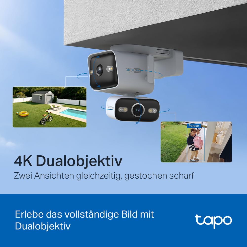 Tapo C575D 4K Überwachungskamera Außen mit Dual-Objektiv, 170° Ultraweitwinkel, 8mm Teleobjektiv, PoE/DC, Dualband-WLAN, kostenlose lokale KI-Erkennung, microSD/H500 Hub, IP66, 2026 Flaggschiff