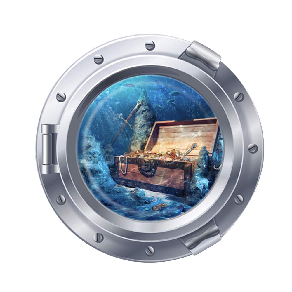 3D Porthole Wall Decals Submarine Stickers Under The Sea Treasure Hunting Window View Faux Removable Murals for Bedrooms Boys Room Decor 18 inches x 18 inches