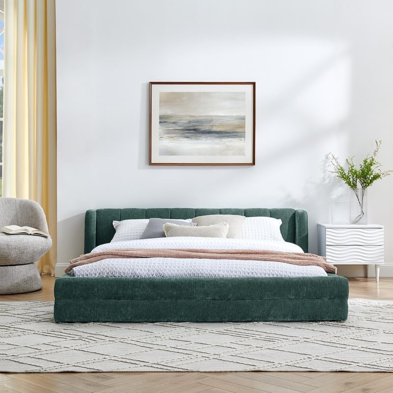 Upholstered Platform Bed Frame, Low Profile Chenille Bed with Headboard, Modern Solid Grounded Frame, No Box Spring Needed, Easy Assembly (Blue+Green