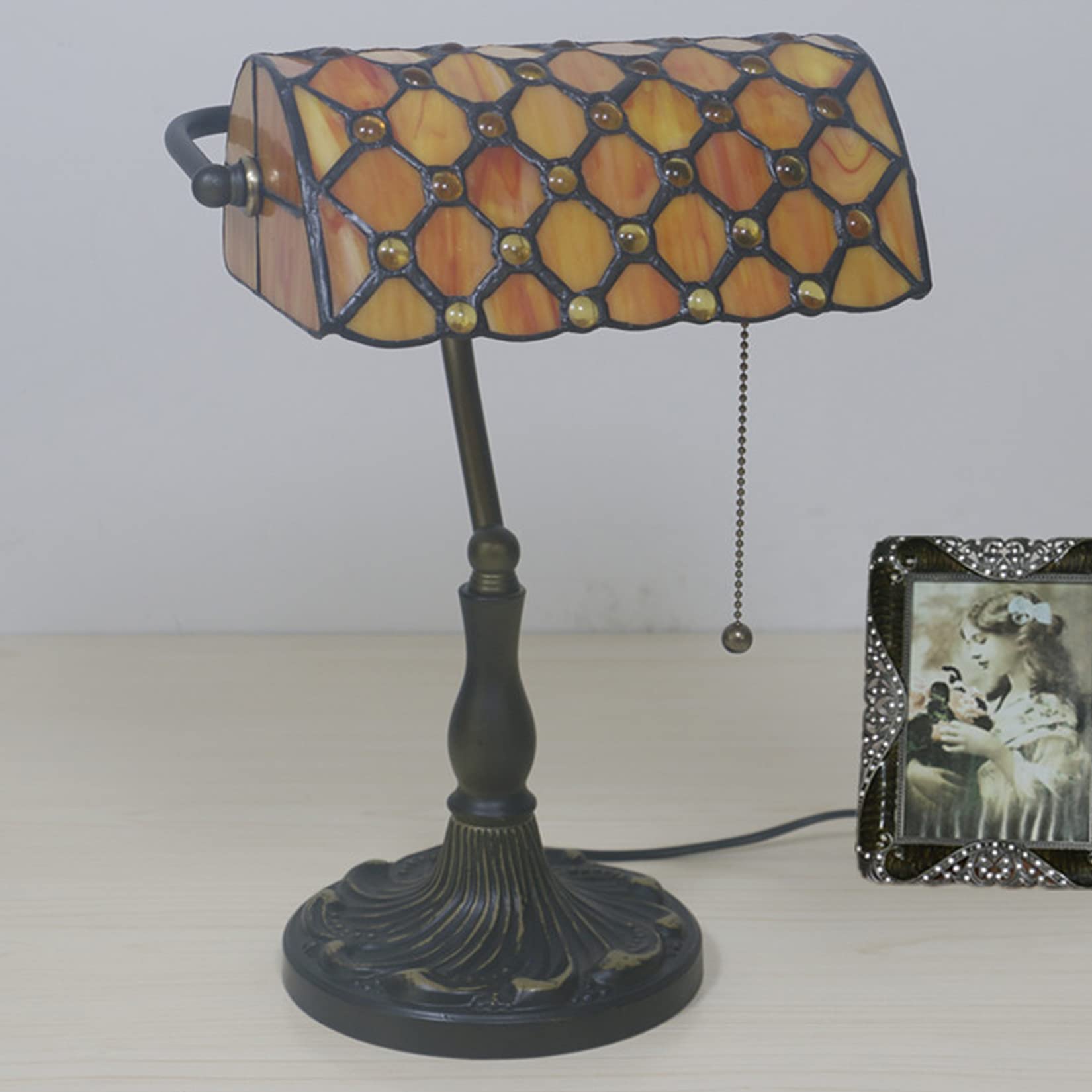(17 Variation Tiffany Bankiers Tischlampe, Buntglaslampe, Kristallperlen Schreibtischlampe, Studienschlafzimmer Nachts Leselampe,Orange Yellow Glass Bead Shade