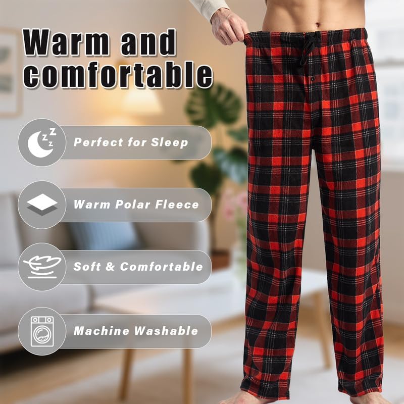 3 Pack Men's Fleece Pajama Pants Bottoms– Lounge Sleepwear Plaid PJs with Pockets and Button Fly - Image 5