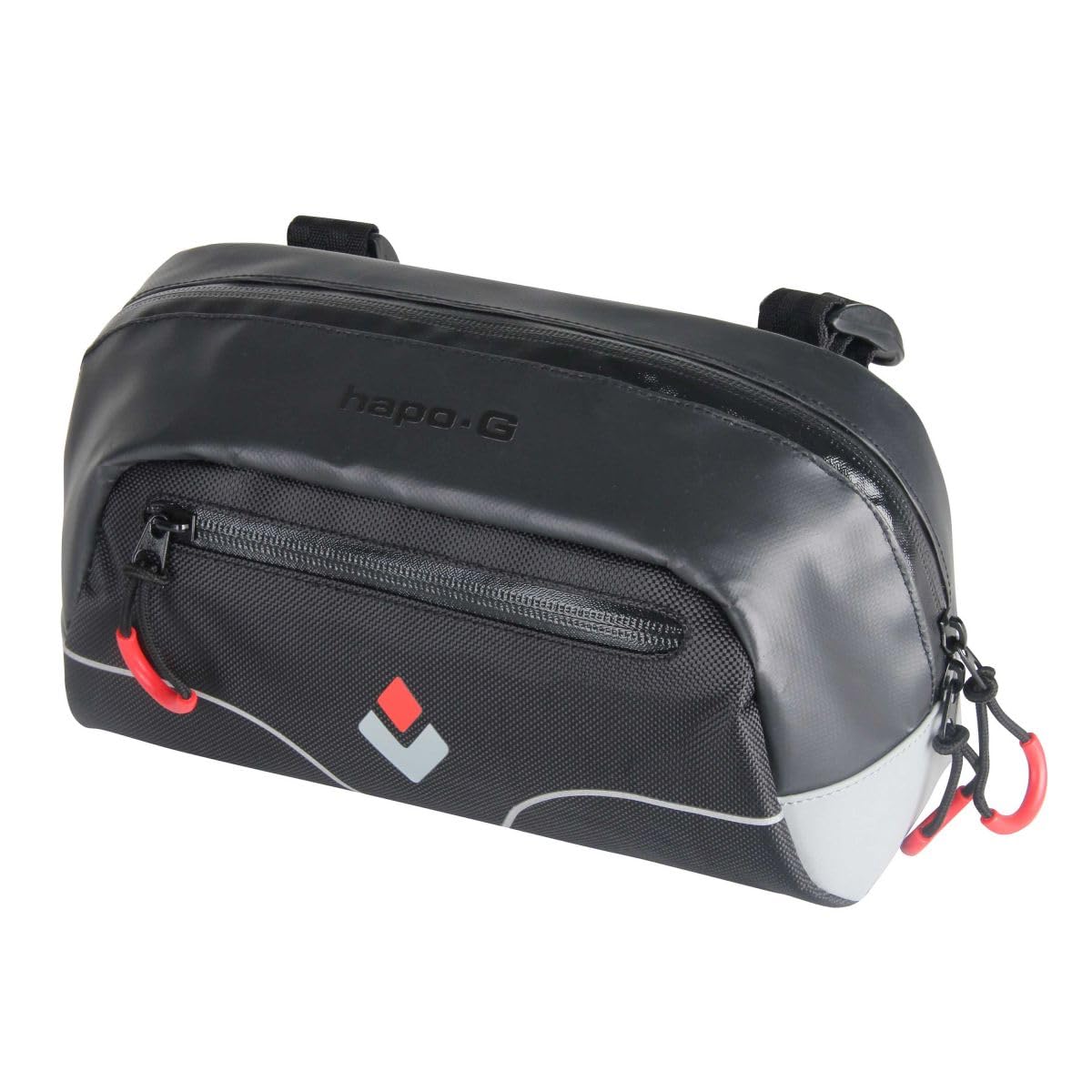 Hapo-​G - Sacoche de Guidon 2L - Fixation Sangles, Bandes Réfléchissantes, 2 Poches Zippées, Compatible avec Tous Les Guidons