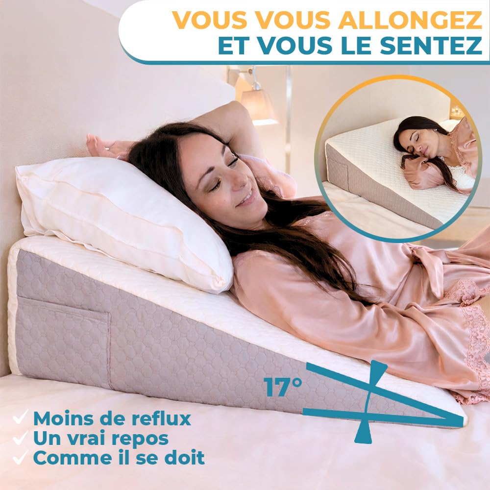 Ritalia Coussin Anti Reflux 65x60x20 cm avec Mousse Mémoire pour Lit Rehausseur Matelas Adulte Coussin de Lectur & Dossier de Lit Triangulaire