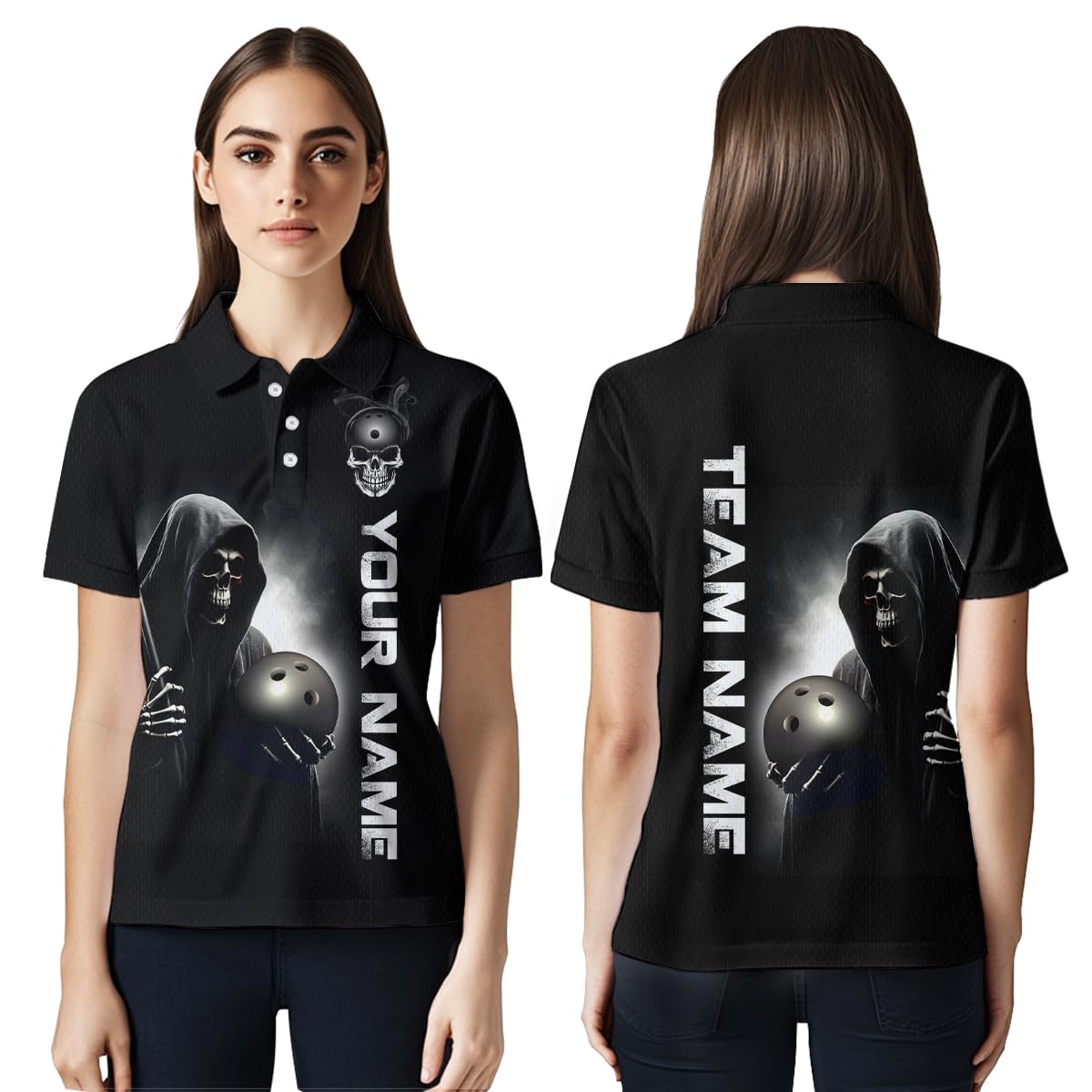 PIONAMZIOZ Custom Skull Bowling Shirts Unisex Polo & Quarter-Zip Bowling Team Jersey Black Bowling League (US, Alpha, Small, 5X-Large, Regular, Regular, Women Polo)