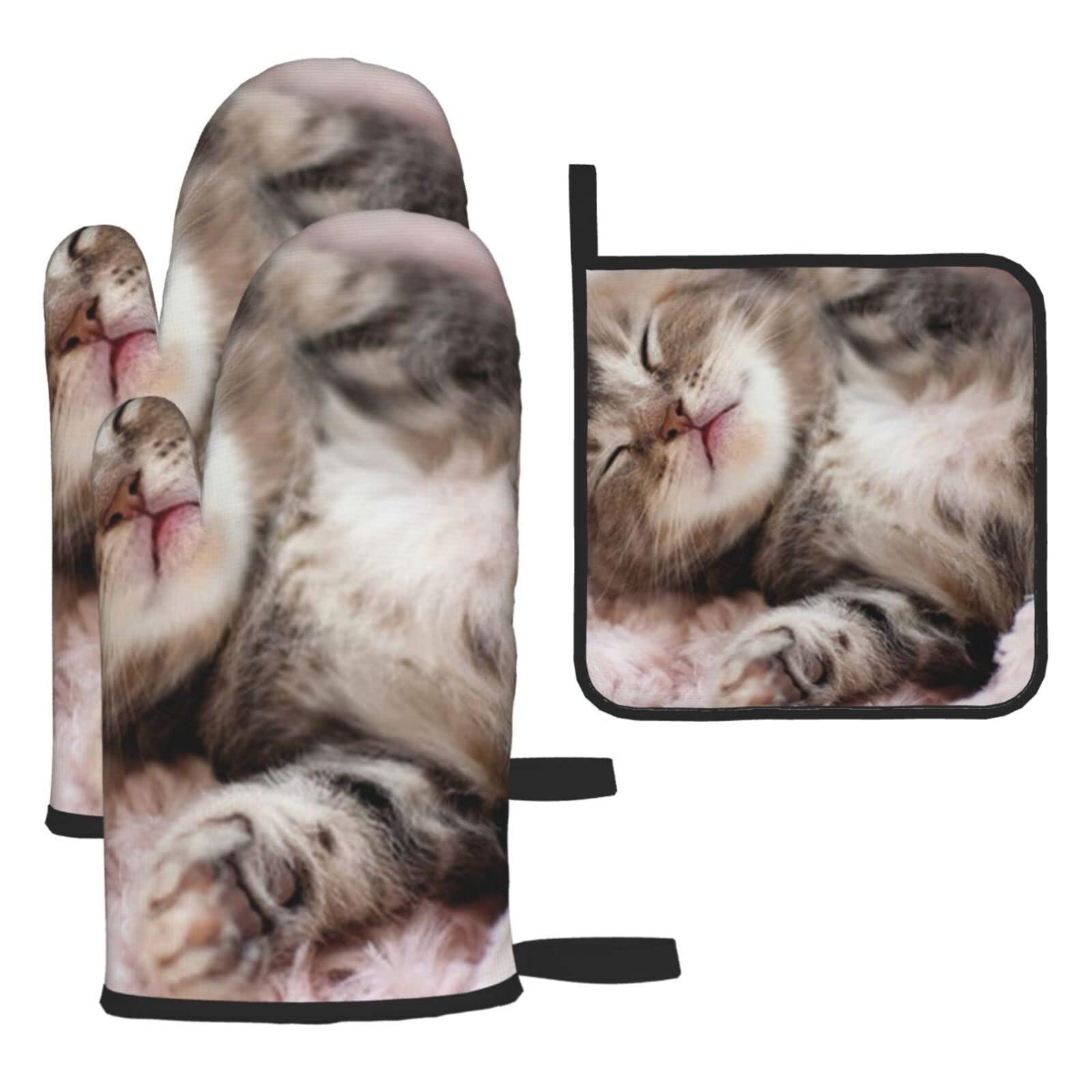 Sleeping Cat Printed Kitchen Baking Three-Piece Heat-Resistant Thick Cotton Oven Gloves for Cooking and Baking.