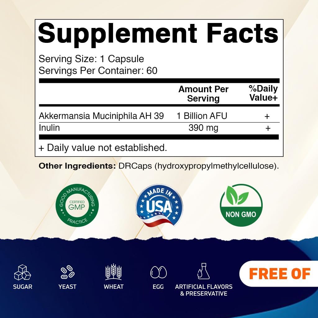 Vitamatic Akkermansia Muciniphila Gut Health - 60 DR Capsules (Delayed Released) - Made with Prebiotic Inulin Fiber - 2 Pack (120 DR Caps)
