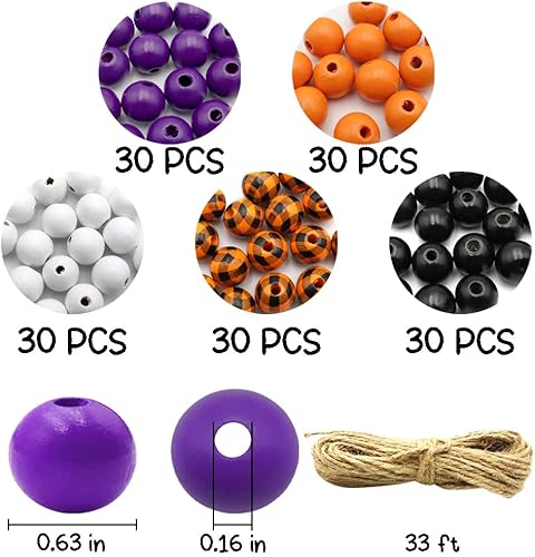 Miniatura 2 de 150 cuentas redondas de madera de Halloween, cuentas coloridas a cuadros de búfalo, cuentas espaciadoras de madera rústicas con cuerda de cáñamo