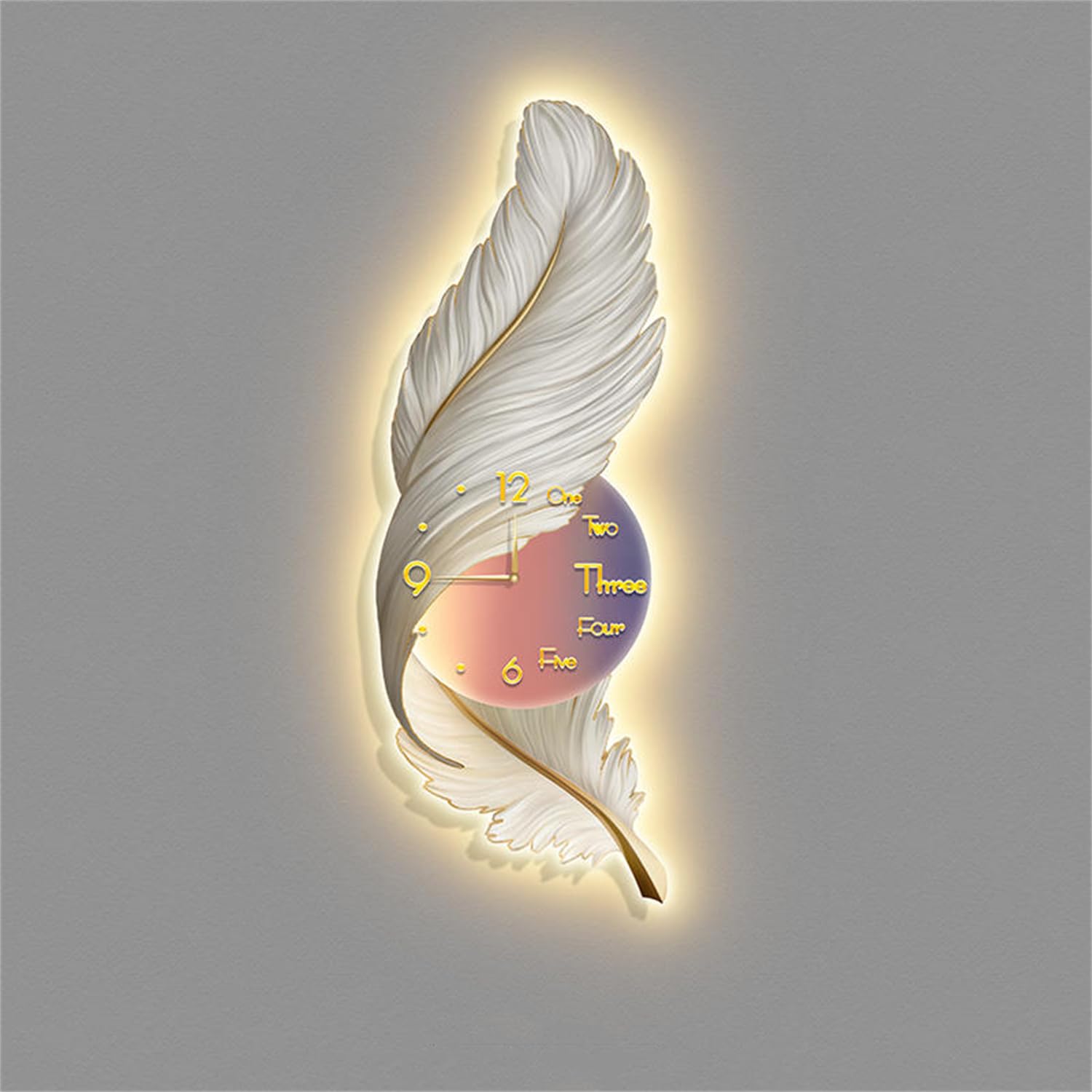 Wsncxfw D ,35 * 100Cm,Le Light Clock Feathers Wall Ecor, Large Feather Wall Statue Sculpture Wall Art Ecor Ecoration, 3 Luxury Han Painte Feather Wall Sculptures,For Living Room