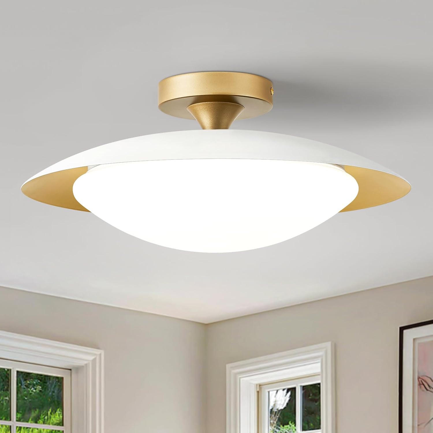 Dimmable Mid Century Ceiling Light,Modern LED White and Gold Semi Flush Mount Ceiling Light with Acrylic Shade,Ceiling for Hallway Entryway Bedroom Kitchen Light Fixture 2700K-6000K 5CCT 15.75 in 15.75in White