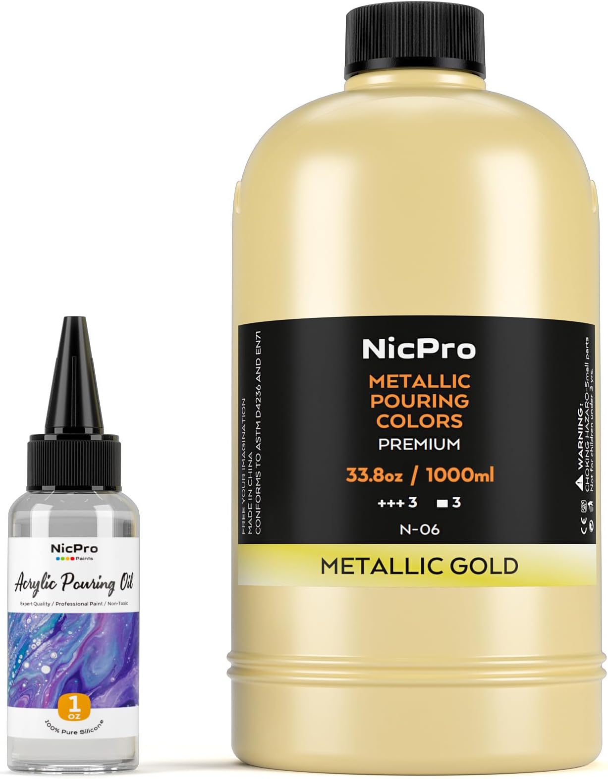 Nicpro Gold Metallic Acrylic Pour Paint, 33.8 Ounce Pre-Mixed Pouring Paint Supplies with Silicone Pour Oil & Gloves for Canvas, Rock, Wood Cell Creation Flow DIY Art Painting, Ready to Pour