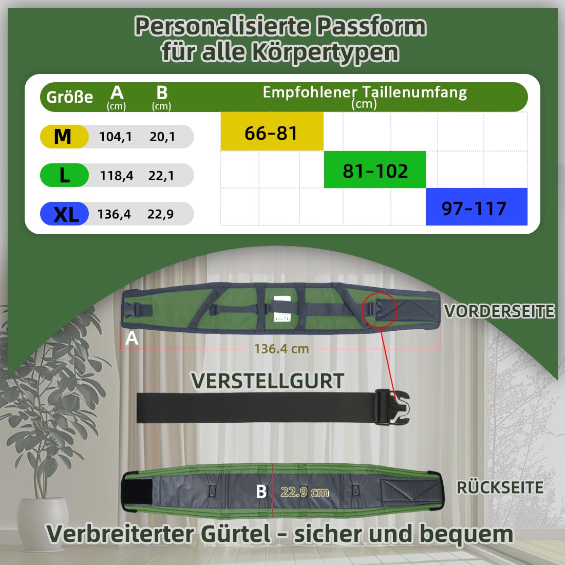 Gehgurt Transfergurt mit 7 Griffen – Pflegegurt für Senioren und Patienten, komfortabler Umsetzgurt mit Klett und Schnalle, verstellbar, bis 150 kg belastbar (Grün, Übergröße)