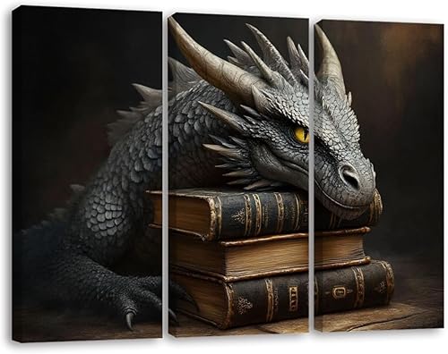 3 Piece Canvas Wall Art Fantasy Dark Academia Vintage Antique Books Dragon Cottage Core Decor Paintings Pictures abstract wall art for living room