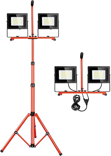 LEDMO Luces de trabajo de pie con interruptor, luz de trabajo LED de 10000 lm con trípode clip de metal, luces de inundación telescópicas ajustables