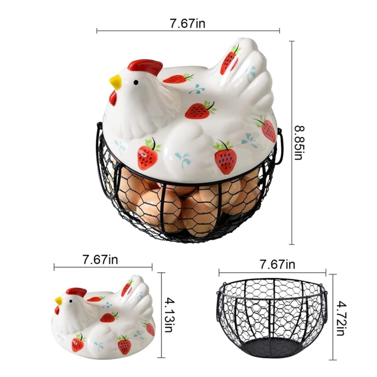 koszyczki na jajka z drutu, Kosz na jajka z ceramicznym wzorem truskawkowym do przechowywania w kuchni 7,67 x 8,85 cala