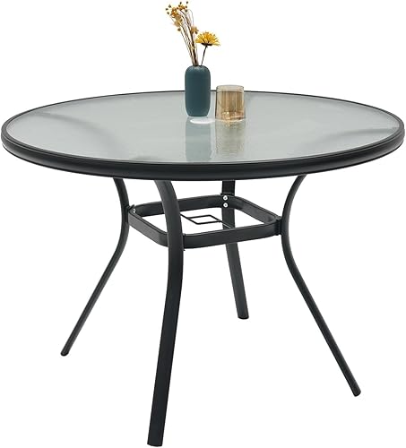 Miniatura 7 de Virvla Mesa cuadrada de comedor para patio, mesa de acero al aire libre con agujero para sombrilla 35 x 35 x 28 pulgadas, color negro