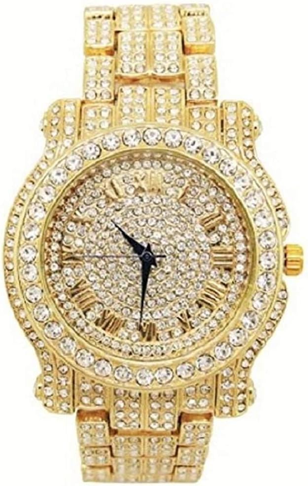 Charles Raymond Fully Bling-ed Out Round Luxury Mens Watch w/Bling-ed Out Cuban Chain Bracelet, Cuban Necklace, Tennis Chain & Ring Size - Gold - L0504BNTG