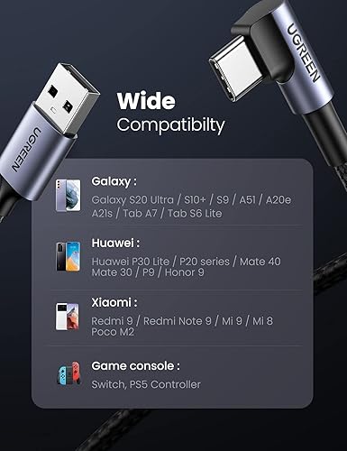 Miniatura 7 de UGREEN Cable USB C en ángulo recto USB A a tipo C compatible con iPhone 1515 Plus15 Pro15 Pro MaxGalaxy S10S10+ Note 20LG V50V60iPad Mini 6 Air