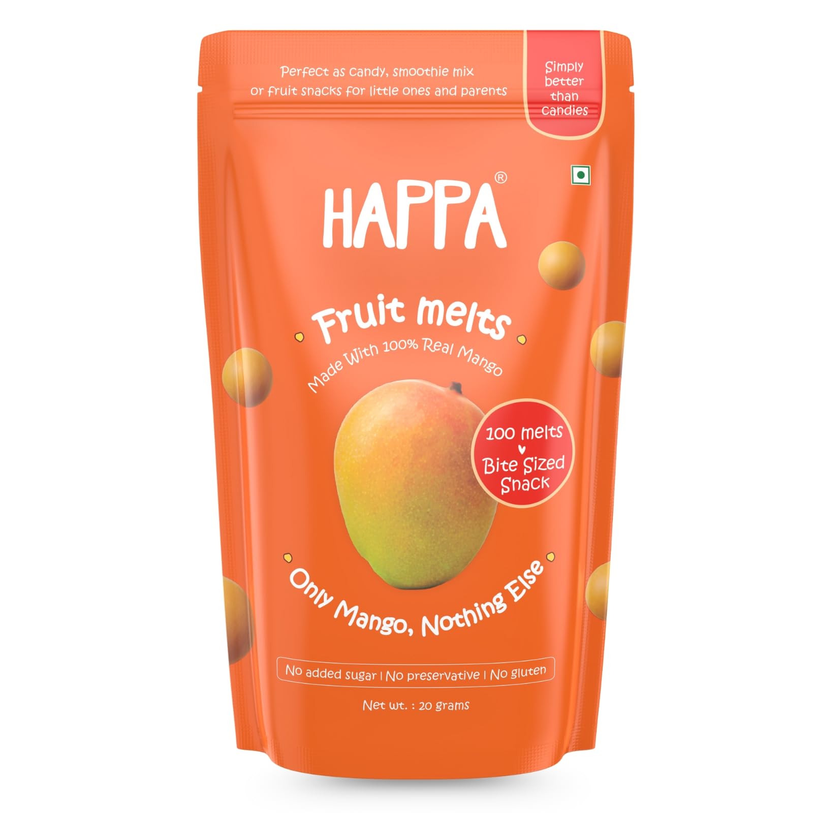 Happa Mango Melts | 100% Fruit Candy for Babies, Kids & Adults | Single-Ingredient | No Added Sugar, No Colours, No Artificial Flavours | Melt-in-the-Mouth Snack | 8 Months+ | 20g (Pack of 1)