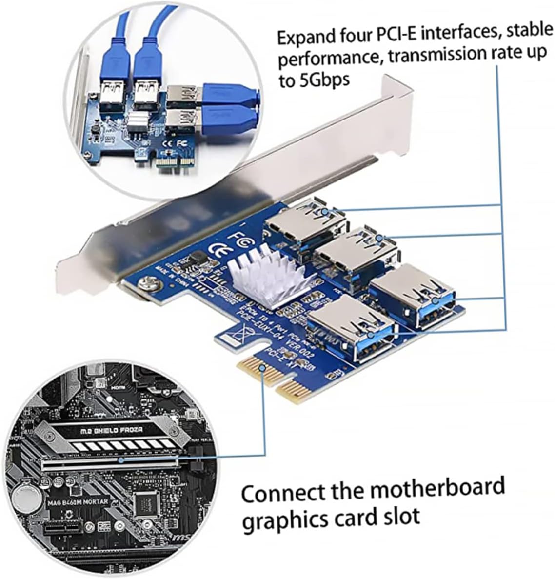 Pci-e Extender 1x to 4 USB 3.0 Expansion Card Copper