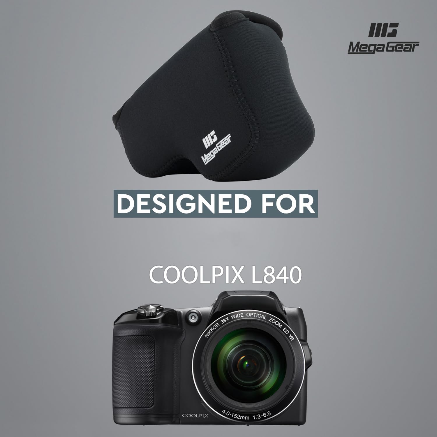 MegaGear Nikon Coolpix L840 Ultra Light Neoprene Camera Case, With Carabiner - Black - MG809