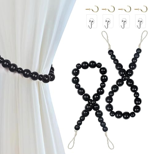 Hion 4 alzapaños de cortina bohemios, con cuentas de madera, alzapaños para cortinas de granja al aire libre, soportes de cortina para cortinas,