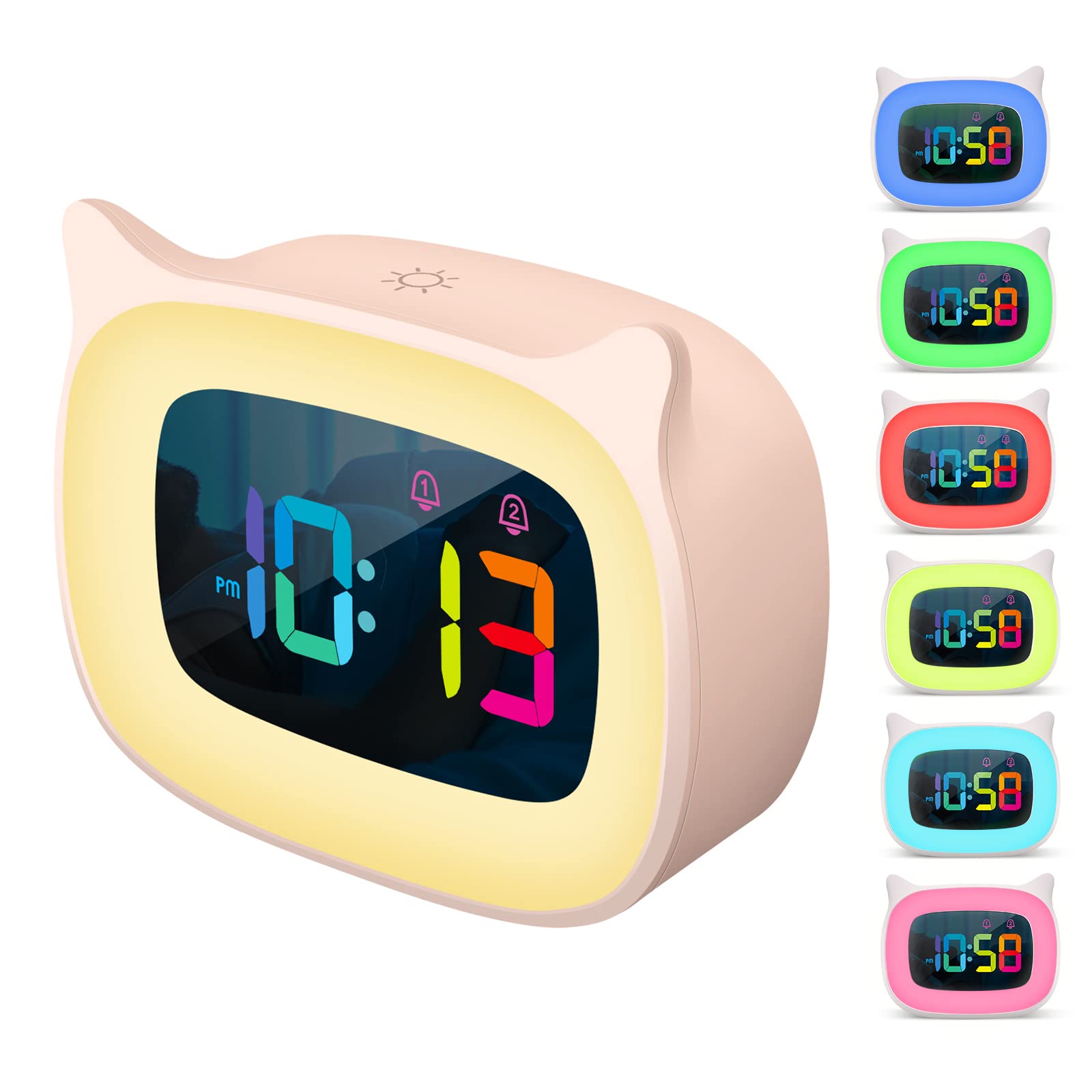 Cute Cat Ear Alarm Clock with RGB 7 Color Night Light & 18 Ringtones,Rechargeable Clock for Kids Bedroom,LED Colorful Digital Display,Bedside Clock for Boys,Girls Birthday Presents(Pink)