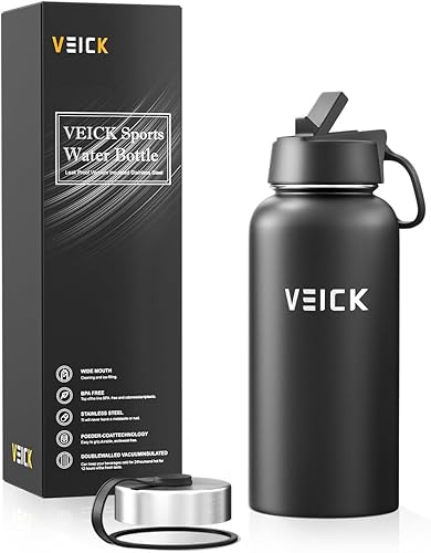 VEICK Botella de agua deportiva de 32 onzas, 2 tapas (tapa de boquilla), a prueba de fugas, acero inoxidable con aislamiento al vacío, doble pared,