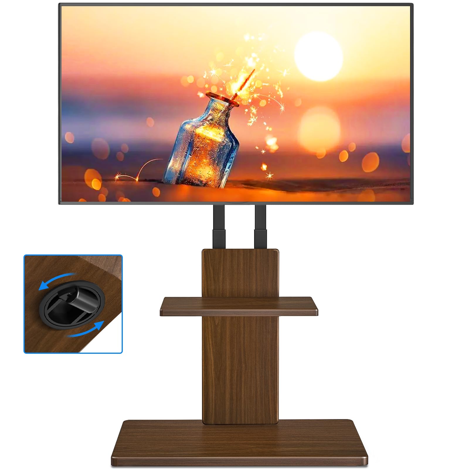 TVON Support TV au Sol avec roulettes Cachées pour Téléviseurs 32-70 Pouces, Hauteur Réglable, Support TV sur Pied Jusqu'à 45 kg avec Étagère Ajustable en Bois, Max VESA 400x400mm