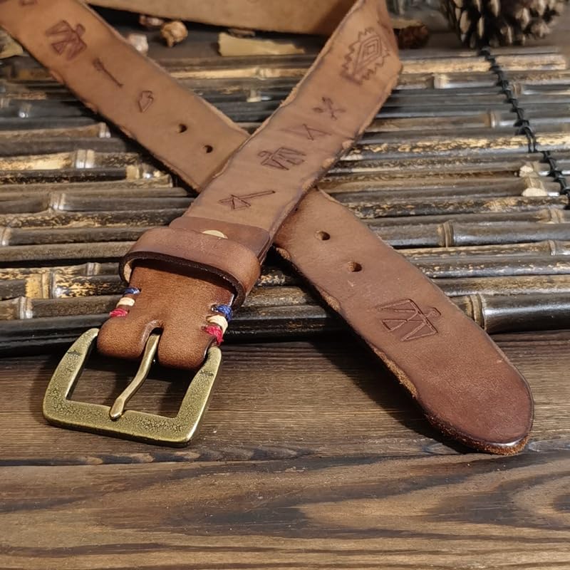 Vintage Engraved Retro Symbols Genuine Leather Distressed Belt, 3.8cm Wide Strap for Men Women Jeans and Everyday Wear(100cm/39, Brown)4