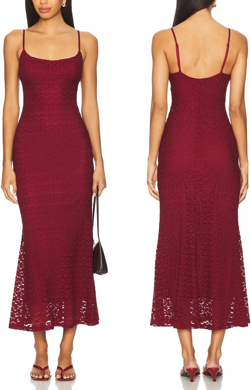 JLCNCUE Women's Spaghetti Straps Lace Mesh Maxi Dress Square Neck Backless Mermaid Dress for Wedding Party 38