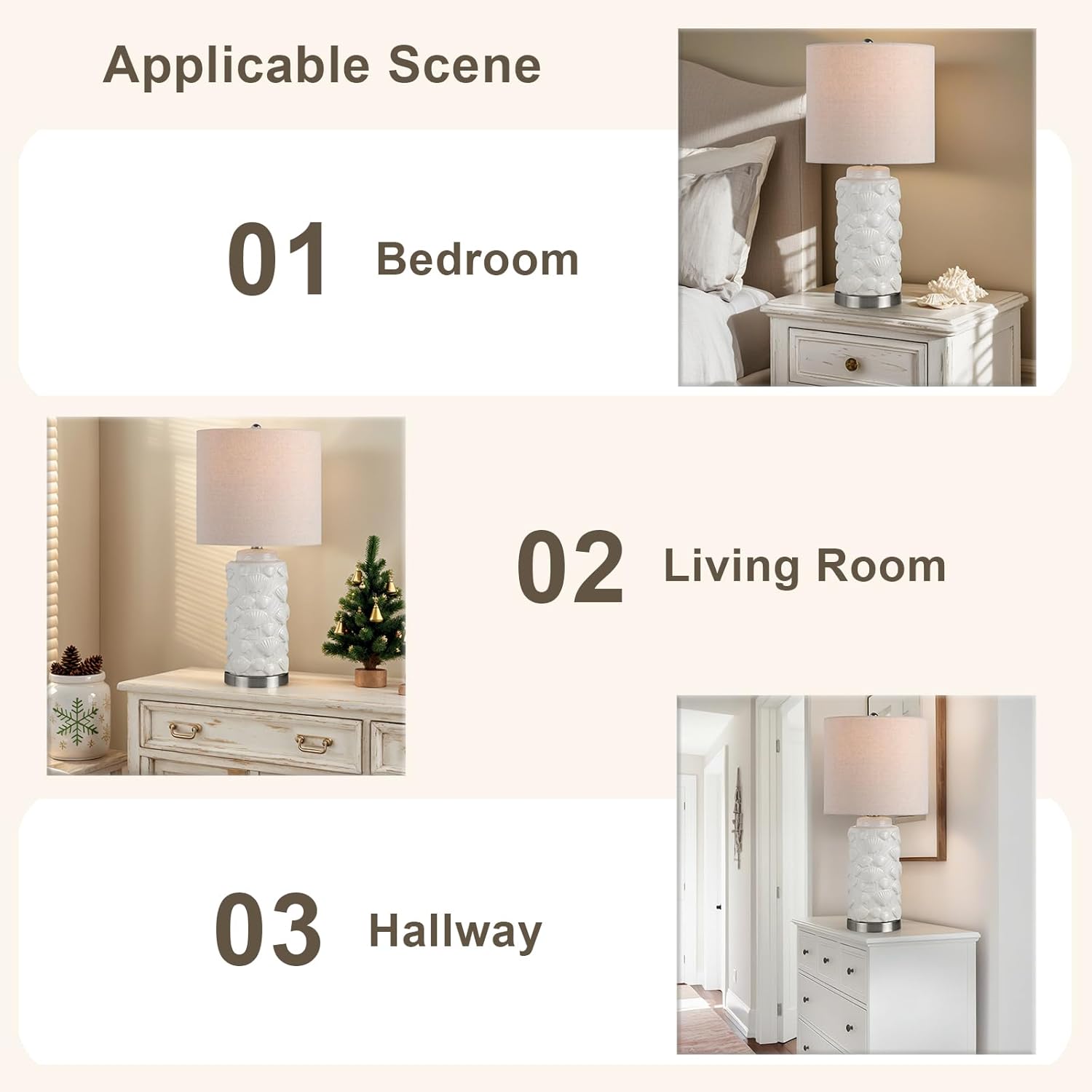 Crestview Collection Ceramic Coastal Table Lamp, 23" White Seashell Lamp with Linen Shade, Ocean and Nautical Home Decor for Nightstands or End Tables, Beach Style Lamp for Bedroom, Living Room