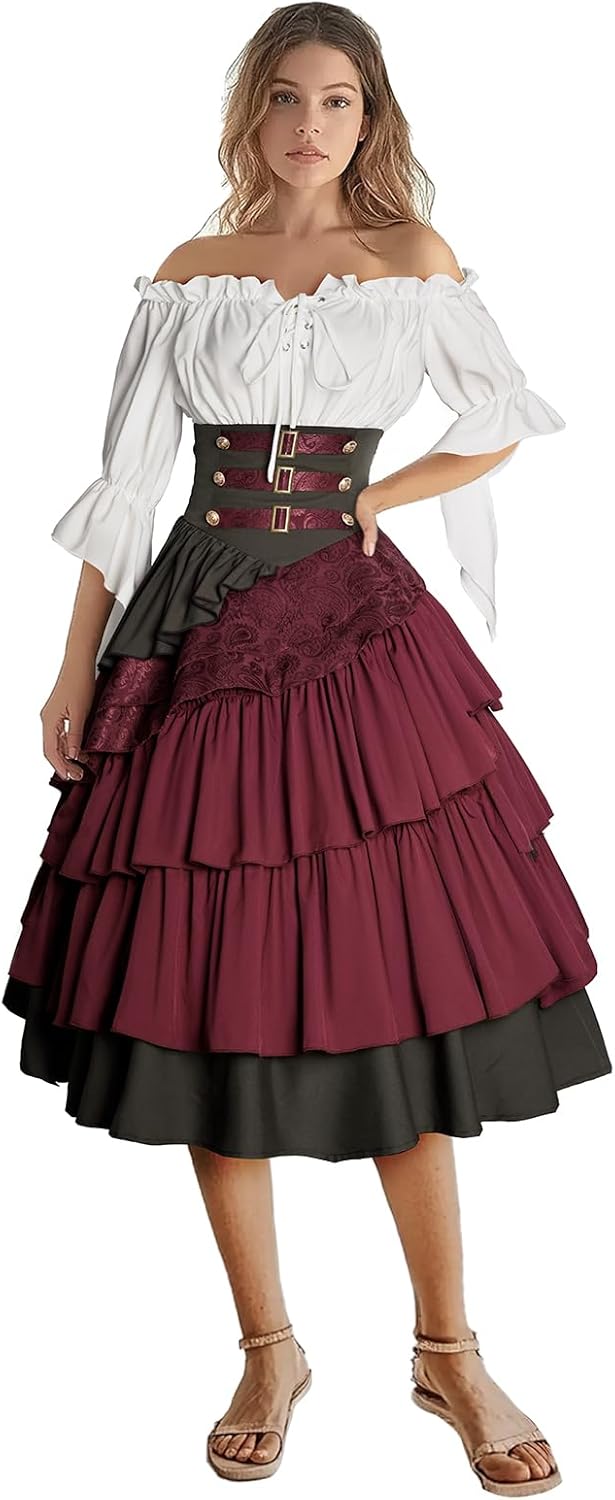 Women's Pirate Costume Retro Renaissance Cosutmes Women Layered Ruffle Viking Outfit Set