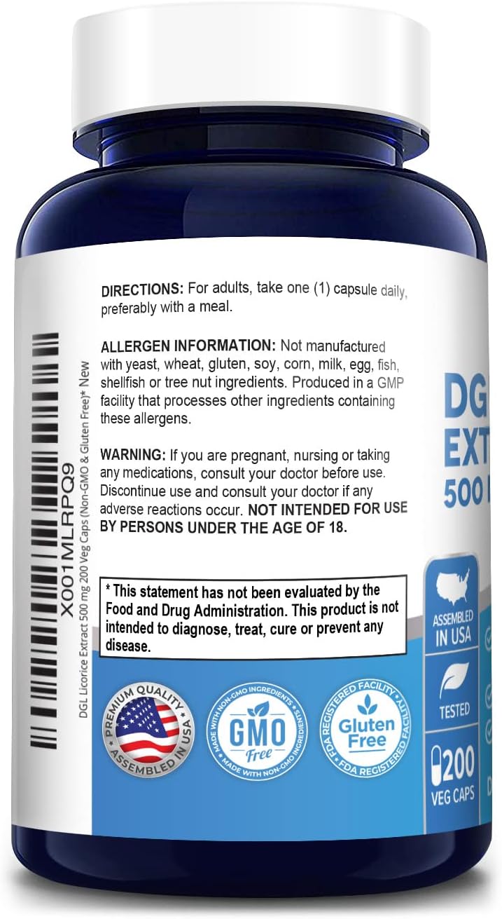 Buy DGL Licorice Extract 500 mg 200 Veggie Capsules (Vegan,NonGMO