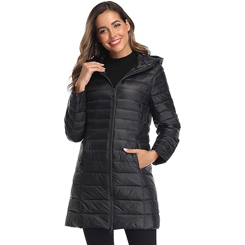 Obosoyo Women's Winter Packable Down Jacket Plus Size Ultralight Long Down Outerwear Puffer Jacket Hooded Coat