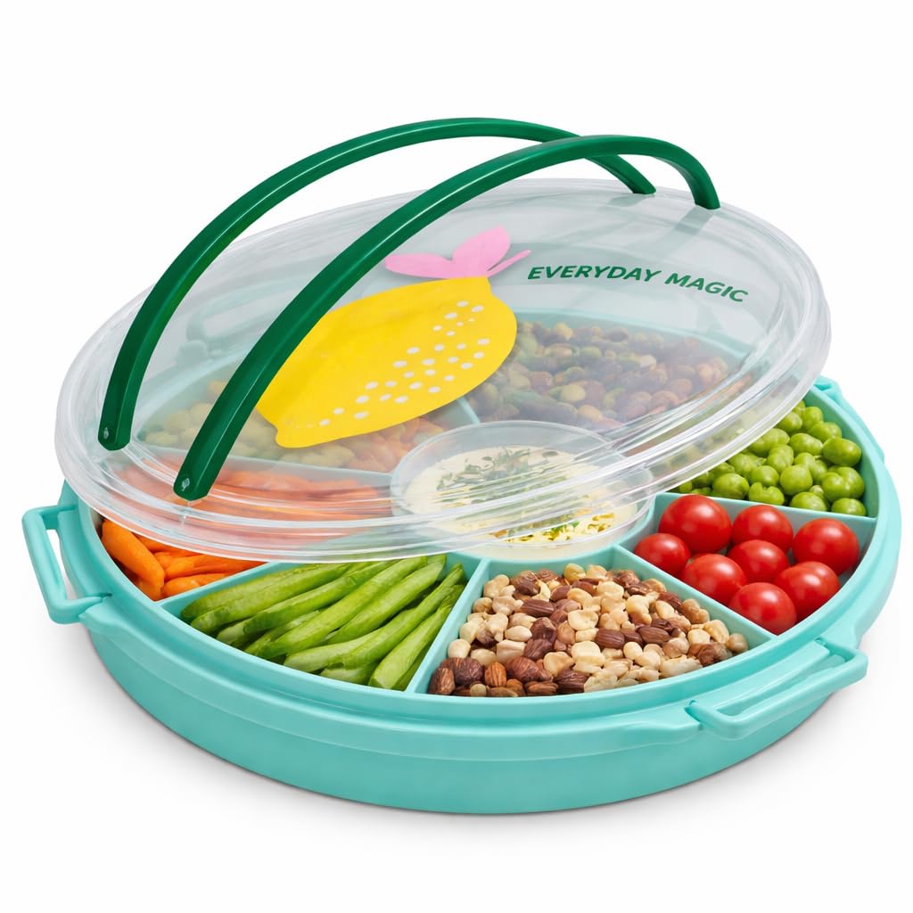 Rice Snackbox mit Fächern rund, Servierplatte mit Deckel, Türkis Zitrone | Snackbox mit 6 Fächern, Deckel und Zitronendesign - ideal für Obst, Dips, Picknick, Party und Brunch.