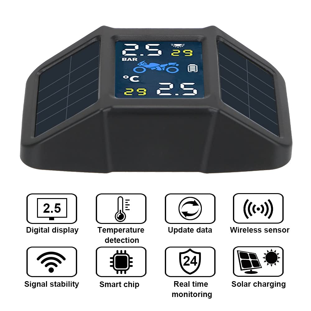 Tpms Sistema di monitoraggio della temperatura Pneumatico per pneumatici per pneumatici per pneumatici USB Ricarica solare USB con 2 sensori esterni Pressione Pneumatici