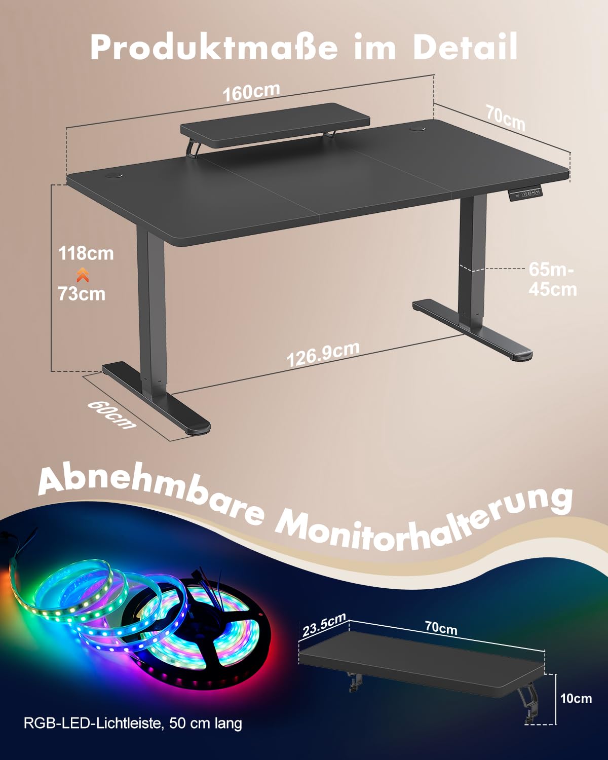 Airfish Höhenverstellbarer Schreibtisch 160 x 70cm mit Monitorständer | Schreibtisch Elektrisch mit LED Beleuchtung,Computertisch für Home Office und Gaming,Schwarz