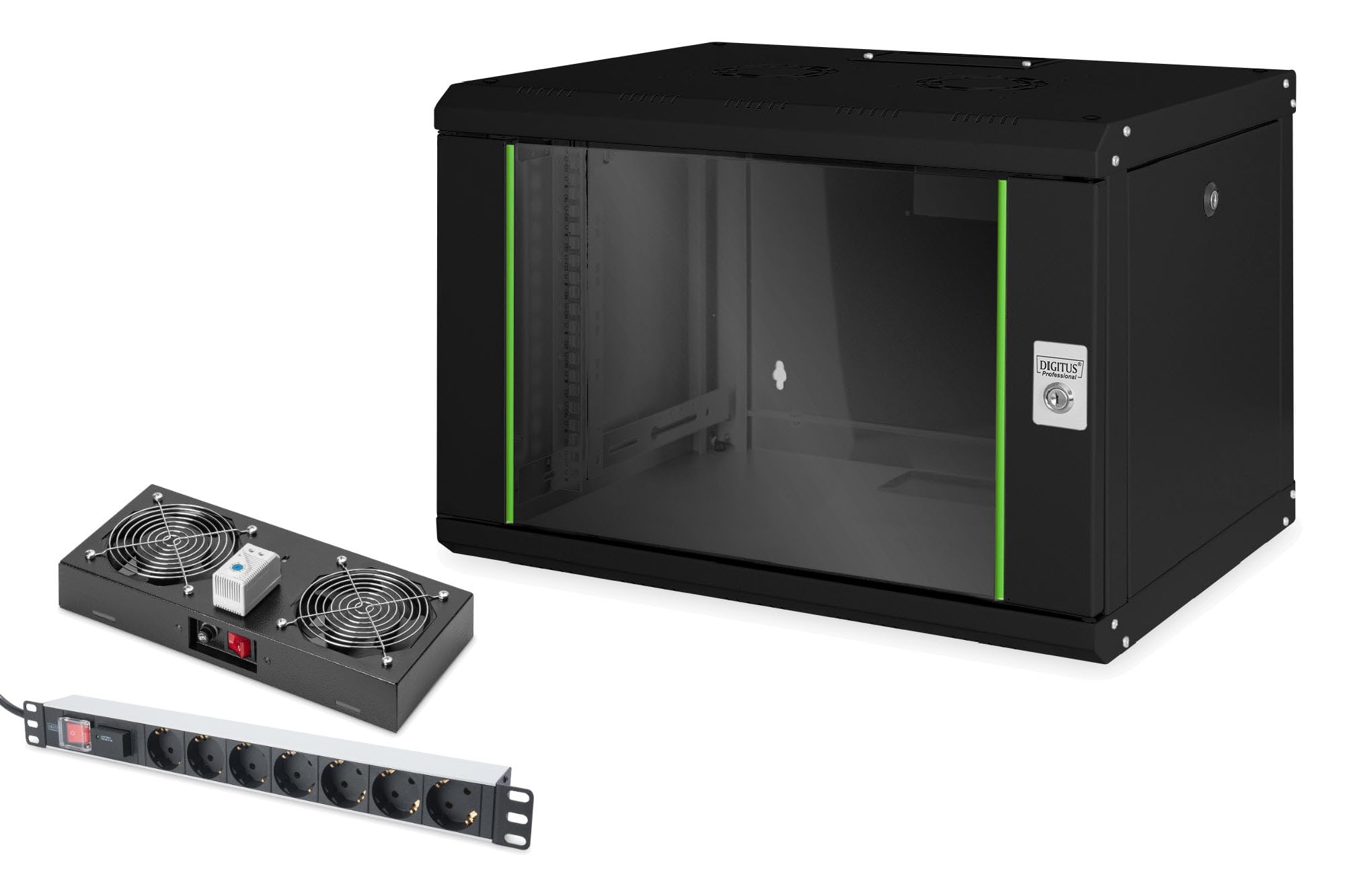DIGITUS Set: Armoire réseau 19" 7U + Ventilateur de Toit + Bloc multiprise 7 Ports // Rack 19 Pouces - Montage Mural - 450mm de Profondeur - Charge 100kg - Profondeur utile 305-370 mm - Noir