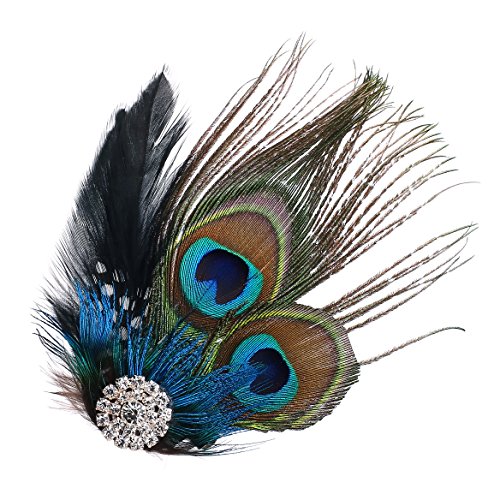 ArtiDeco 1920 Diadema de Pluma de Pavo Real Peinado con Cristal Vintage...