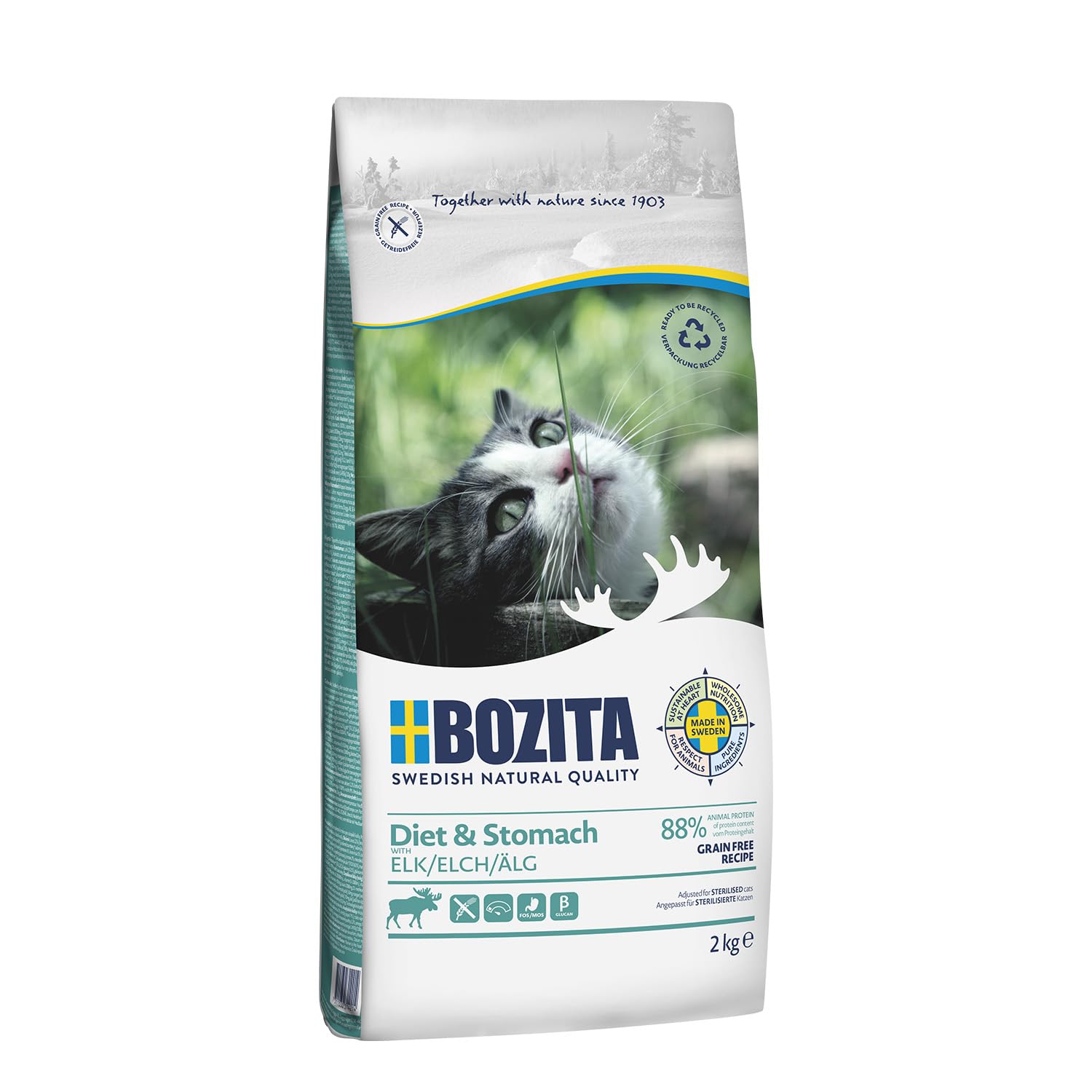 Croquettes pour chat avec élan Bozita Diet & Stomach de 2 kg sans céréales