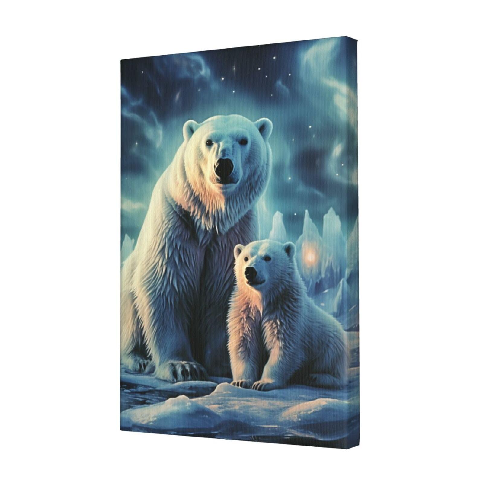 KLOPH Polar Bears Northern Lights Canvas Wall Art for Living Room 12"x18" Modern Artwork Painting for Bathroom Hanging Canvas Prints Aesthetic Wallart for Bedroom Kitchen Office Wall Decor