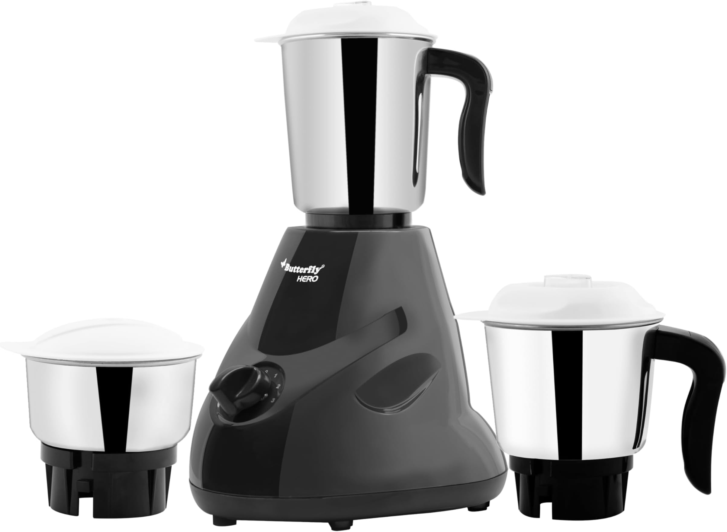 Butterfly Hero 500 Watts Mixer Grinder with 3 Jars | Stainless Steel Multipurpose Jars | ABS Body | Motor Overload Protection | 1 Year Manufacturer's Warranty | Grey