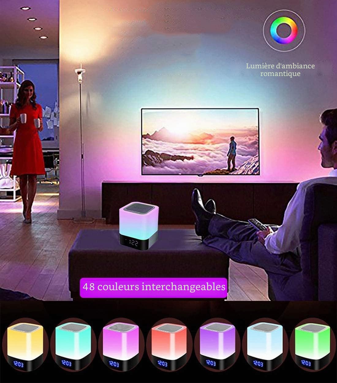 Réveil Lumineux Enceinte Bluetooth Portable 5 en 1, Lampe de Chevet Bruit Blanc Bebe, Veilleuse Multicolore Tactile