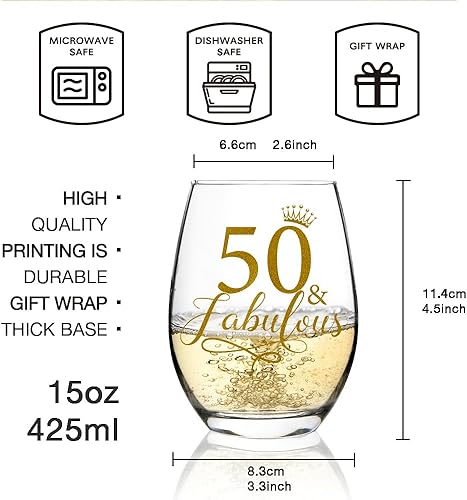 Miniatura 2 de Combina bien con la bolsa de regalo de vino Turning 50 sin tallo y lino, 50 fabulosos con diseño de lámina dorada, regalo de cumpleaños para