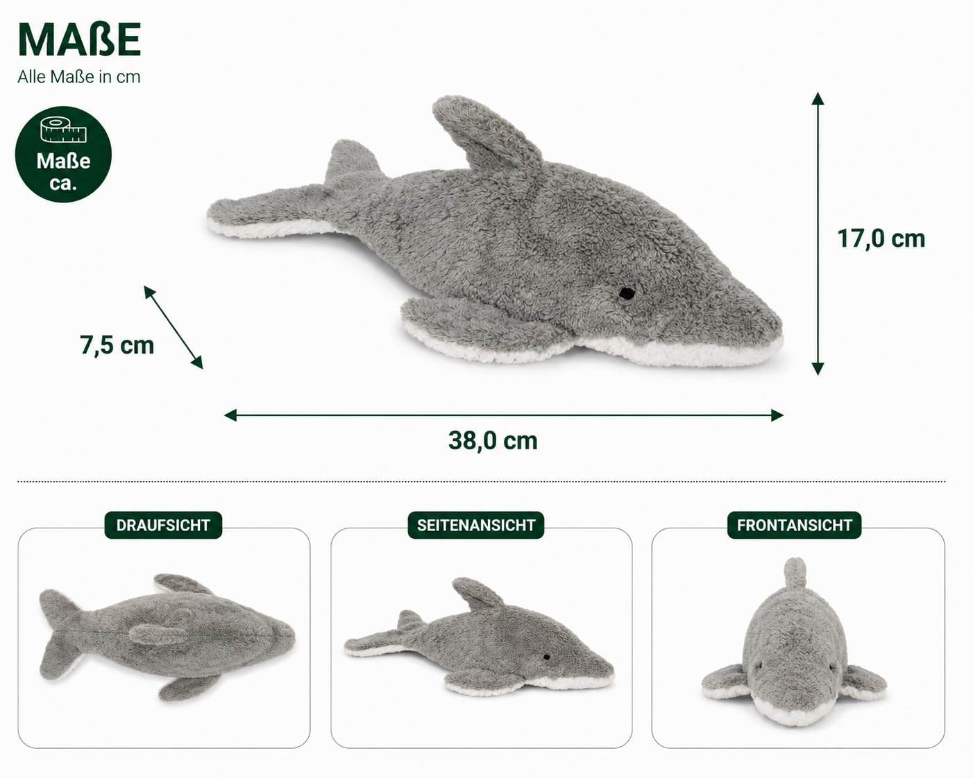 Kleiner SENGER NATURWELT Kuscheltier-Delfin, Grau I Kuscheliger Begleiter, geeignet ab 3 Monaten I GOTS-zertifiziertes Plüschtier mit herausnehmbarem Wärmekissen