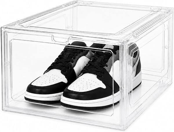 Cajas organizadoras de almacenamiento para zapatos de plástico duro transparente, transparente | soporta hasta 80 lb, puerta magnética de acrílico, apilables, fácil de armar, libres de polvo, para clóset, recibidor, debajo de la cama, espacios pequeños