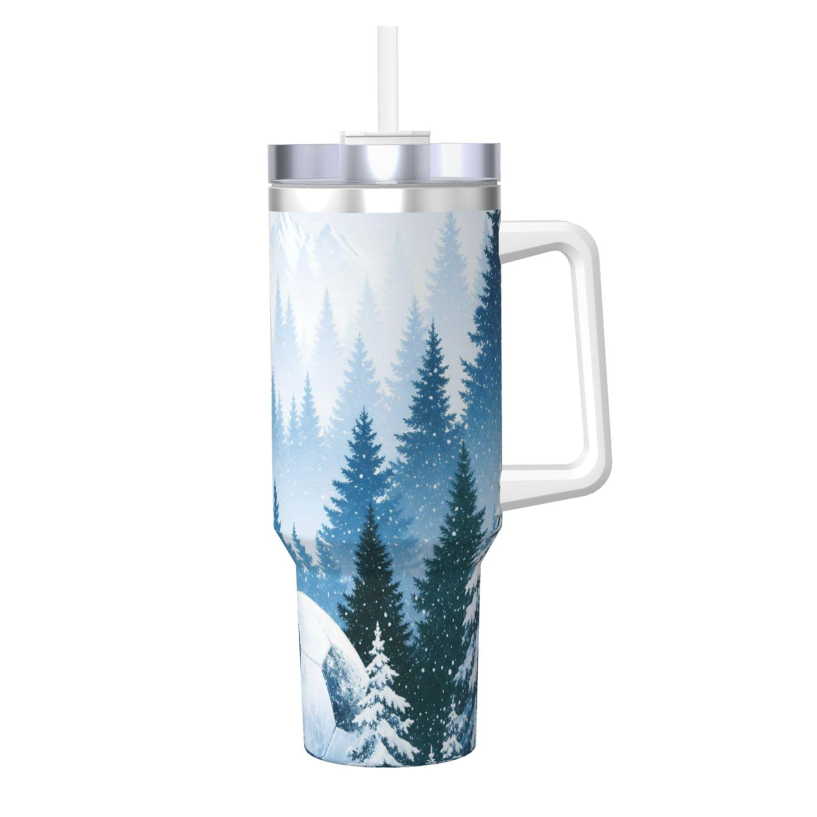 Vaso aislado de 40 oz con asa Snowy Forest Soccer, taza de viaje y botella de agua reutilizable