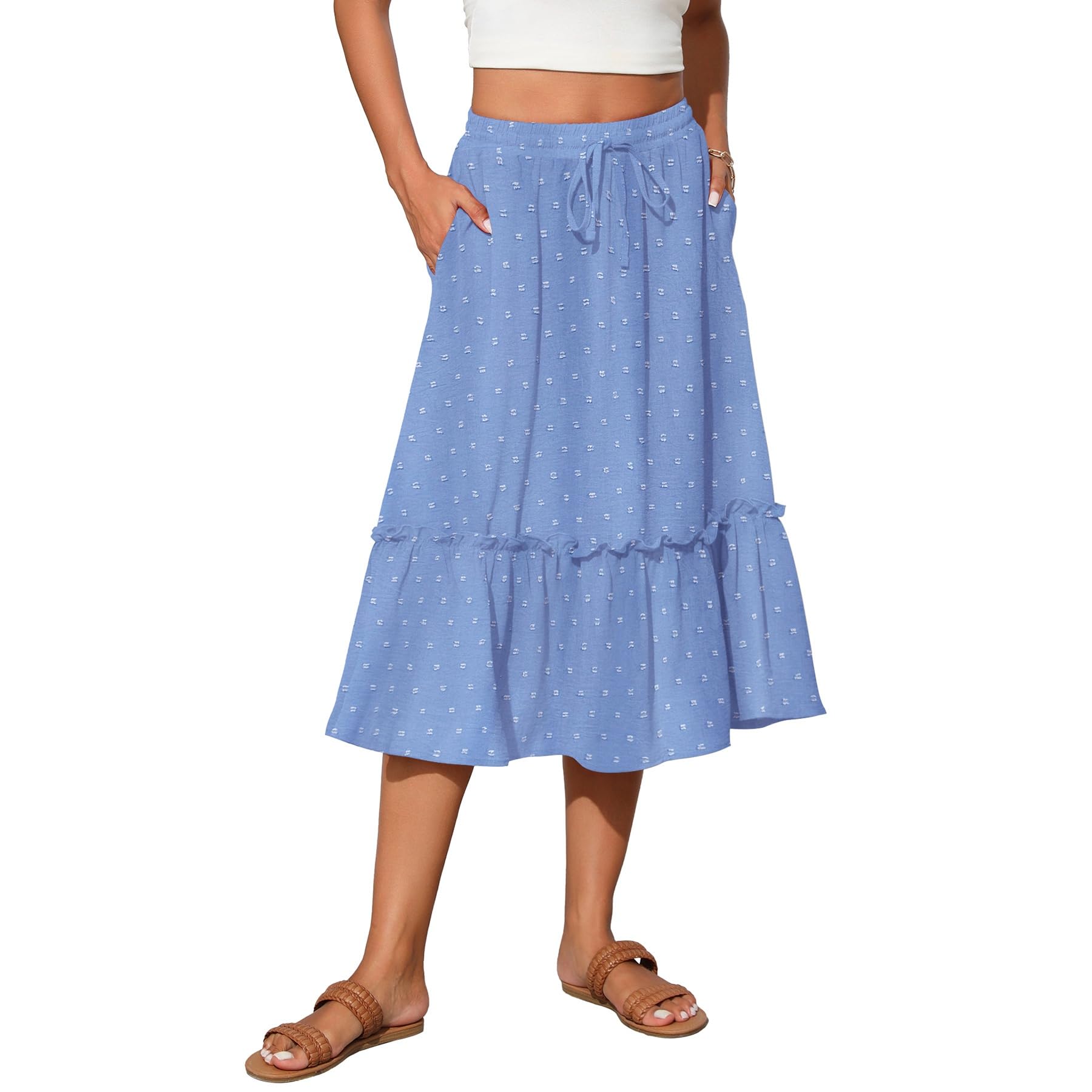 Witsmile Womens High Waist Tiered Midi Skirt Flowy Long Length with Pockets