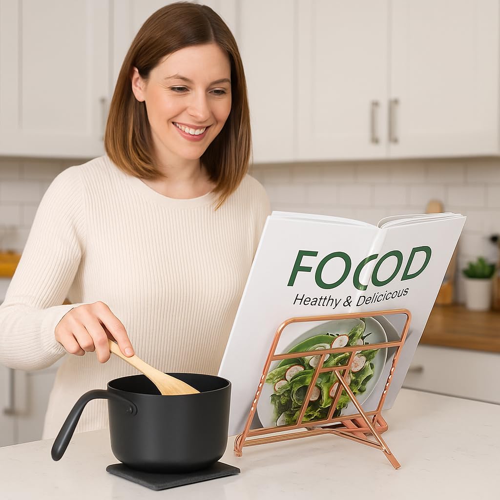 Creative Home Copper Plated Metal Cookbook Stand 10" W × 8.5" H | Premium Metal Base with Rose‑Gold Wire Frame for Recipes, Tablets and Books | Stylish Gift and Kitchen Accent